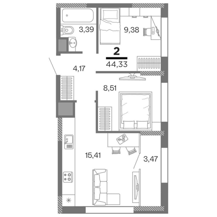 Двухкомнатная квартира 44,33 м2 с уникальной планировкой в ЖК Метропарк
